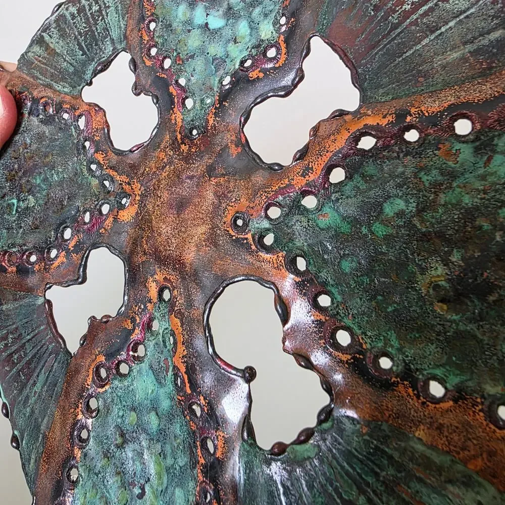 Vintage R. Downey Copper Enamel Celtic Wall Cross Green Patina Mid Century
